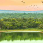 alt_text: A serene landscape of a tranquil lake, lush forest, diverse wildlife, and a warm sunset, symbolizing harmony.