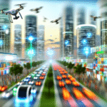 alt_text: A futuristic cityscape depicting AI automation, featuring autonomous vehicles, drones, and smart buildings.